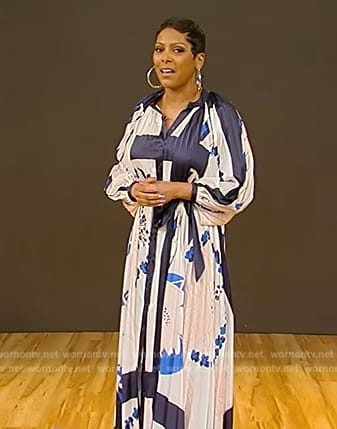 Tamron’s blue floral print dress on Tamron Hall Show