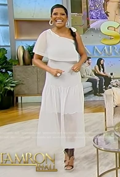 Tamron's white one shoulder dress on Tamron Hall Show