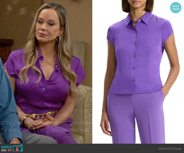 Theory Cap-Sleeve Silk Button-Front Shirt in Bright Peony worn by Donna Logan (Jennifer Gareis) on The Bold and the Beautiful