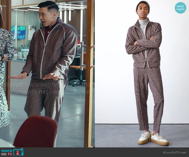 Todd Snyder Houndstooth Wool Track Jacket in Wineberry worn by Nicholas (Joel Kim Booster) on Loot