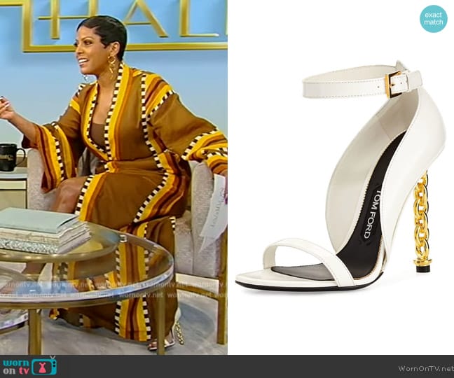 Tom Ford Chain Heel Leather Sandal in Chalk worn by Tamron Hall on Tamron Hall Show