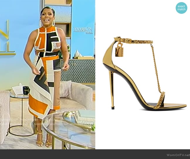 Tom Ford Gold Laminated Heeled Sandals worn by Tamron Hall on Tamron Hall Show