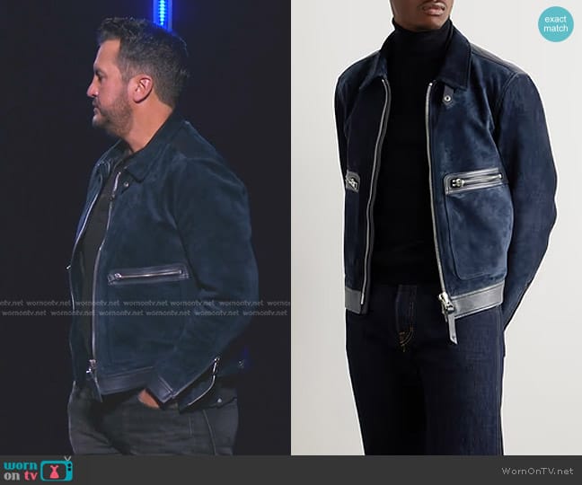 Tom Ford Leather-Trimmed Suede Blouson Jacket in Navy worn by Luke Bryan on American Idol