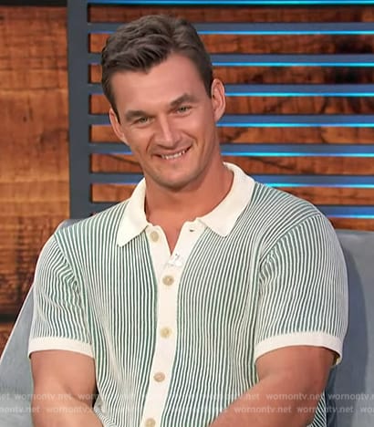 Tyler Cameron’s green stripe knit polo on Access Hollywood