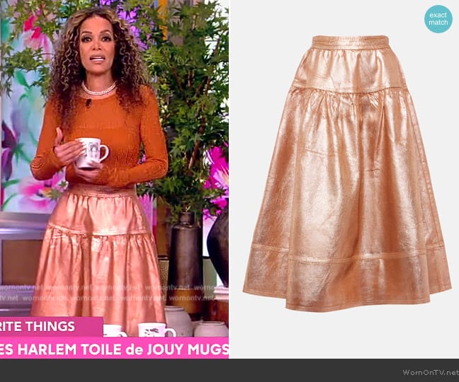 Ulla Johnson The Astrid Metallic Denim Tiered Skirt worn by Sunny Hostin on The View