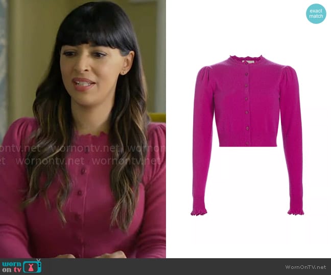 Ulla Johnson Jana Cardigan in Thistle worn by Sam (Hannah Simone) on Not Dead Yet