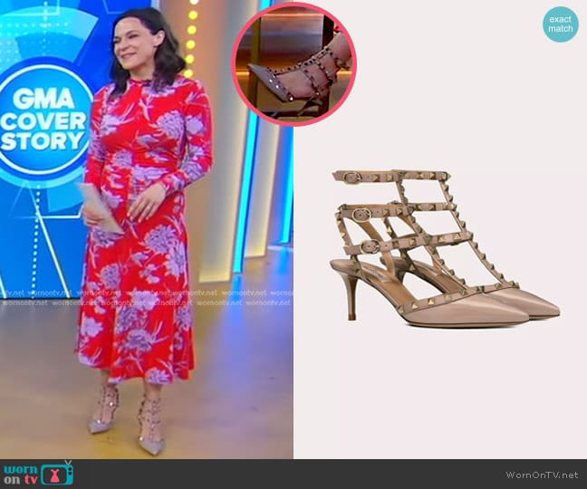 Valentino Garavani Rucokstud Gaged Patent Pump 65mm in Poudre worn by Maggie Rulli on Good Morning America