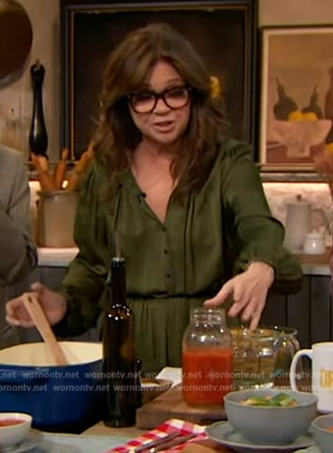 Valerie Bertinelli’s green tie neck maxi dress on The Drew Barrymore Show