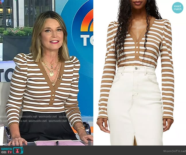 Veronica Beard Delkab Striped Puff-Sleeve Top in Camel Multi worn by Savannah Guthrie on Today