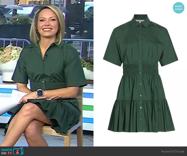 Veronica Beard Greta Short-Sleeve Button-Front Mini Dress in Forest worn by Dylan Dreyer on Today