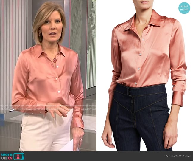 Veronica Beard Morgane Button-Down Silk Tunic Shirt in Rosewood worn by Kate Snow on NBC News Daily