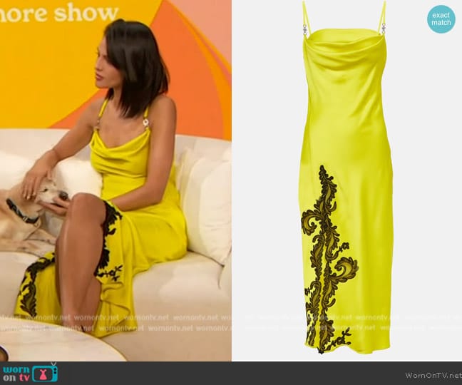 Versace Barocco lace-appliqué slip dress worn by Eiza Gonzalez on The Drew Barrymore Show