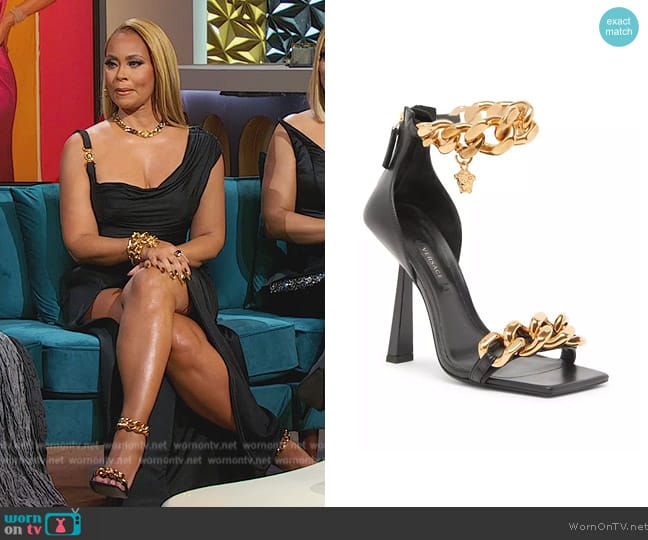 Versace Chain & Leather High-Heel Sandals worn by Gizelle Bryant on The Real Housewives of Potomac