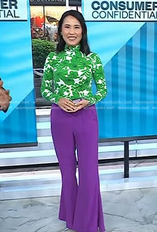 Vicky’s green floral top and purple flare pants on Today