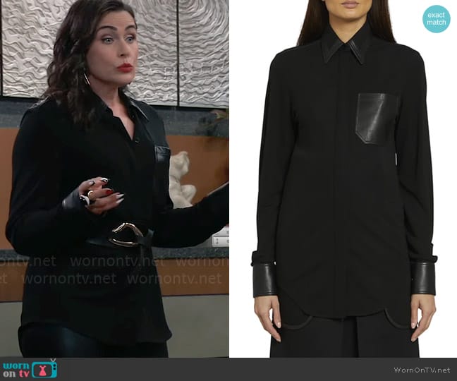 Victoria Beckham Point-Collar Leather-Trim Shirt worn by Lois Cerullo (Rena Sofer) on General Hospital