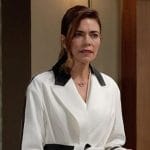 Victoria’s white coat with black leather details on The Young and the Restless