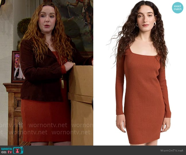 Vince Square Neck Mini Dress in Rust Amber worn by Mariah Copeland (Camryn Grimes) on The Young and the Restless