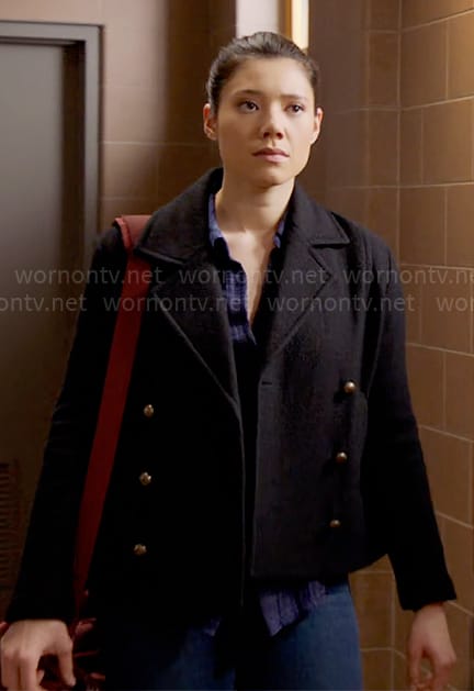 Violet’s short black pea coat on Chicago Fire