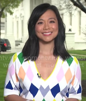 Weijia Jiang's diamond print sweater on CBS Mornings