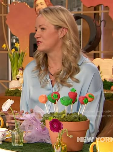 Wendy Naugle’s blue button down blouse on The Drew Barrymore Show