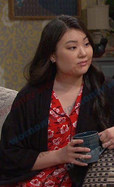 Wendy's red floral short sleeve pajamas on Days of our Lives