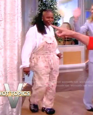 Whoopi's pink embroidered overalls on The View