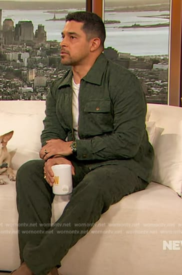 Wilmer Valderrama’s green embroidered jacket and pants on The Drew Barrymore Show