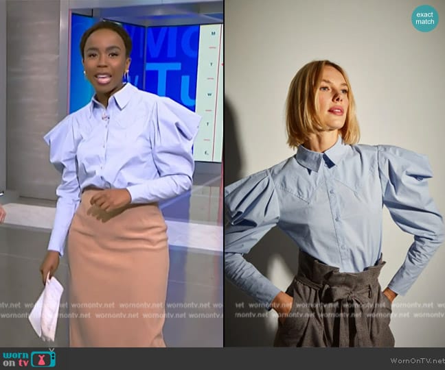 Dolores Promesas Puffed Sleeve Blouse Celeste worn by Zinhle Essamuah on NBC News Daily