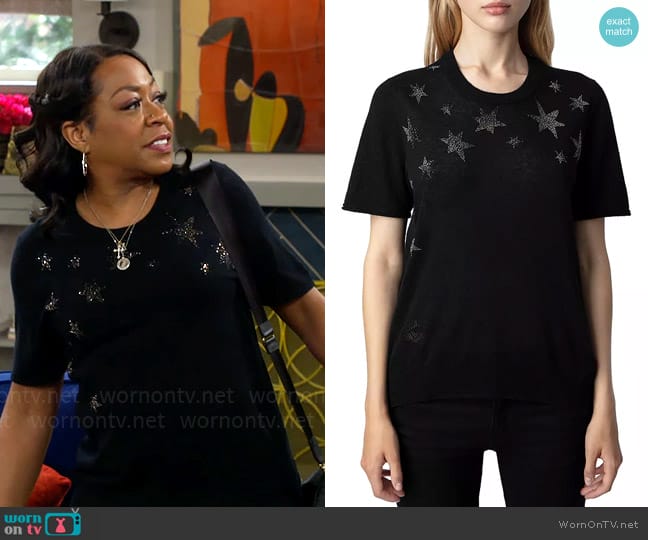 Zadig & Voltaire Ida Rhinestone Star Cashmere Sweater worn by Tina Butler (Tichina Arnold) on The Neighborhood