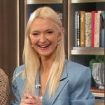 Zanna Roberts’ blue cropped denim blazer and pants on The Drew Barrymore Show