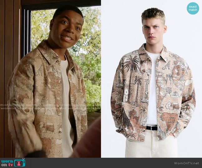 Zara Contrast Jacquard Jacket in Earth worn by Harry Grant (Elijah M. Cooper) on 9-1-1