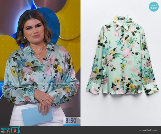 Zara Floral Print Satin Shirt worn by Kathy Buccio on Good Morning America