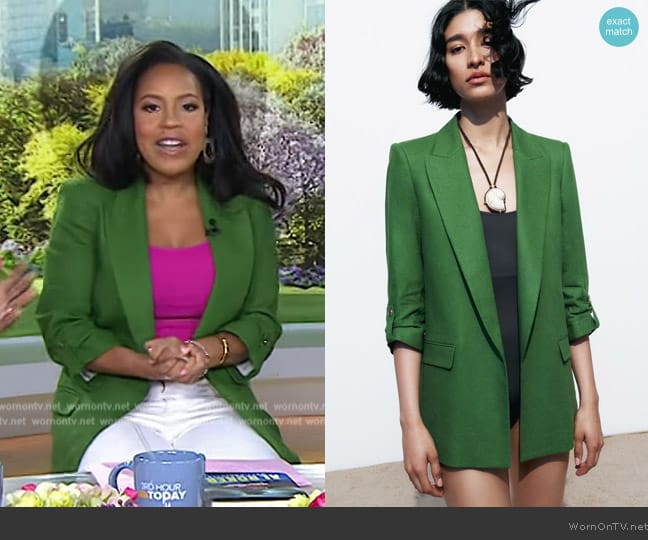 Zara Linen Blend Roll Up Sleeve Open Front Blazer worn by Sheinelle Jones on Today