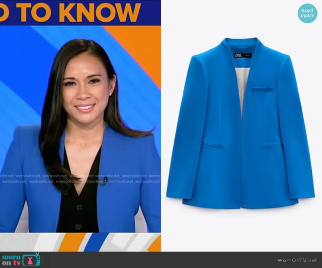 Zara Long Blazer with Inverted Lapel Collar in Bluish worn by Christiane Cordero on Good Morning America