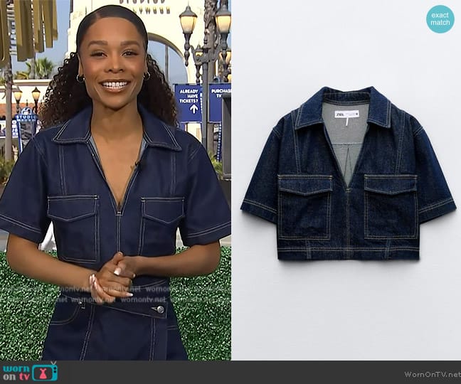 Zara Z1975 Cropped Denim Shirt worn by Zuri Hall on Access Hollywood