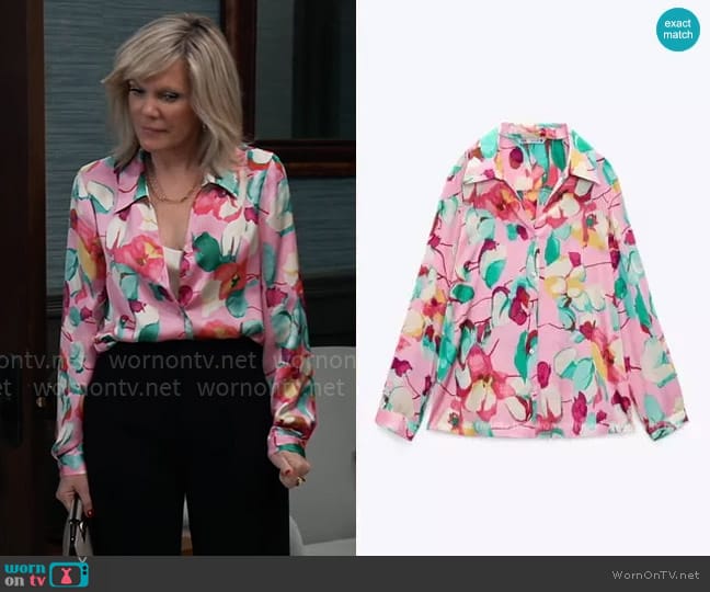 Zara Floral Satin Effect Blouse worn by Ava Jerome (Maura West) on General Hospital