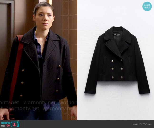 Zara Cropped Wool Blend Double Breasted Coat worn by Violet Mikami (Hanako Greensmith) on Chicago Fire