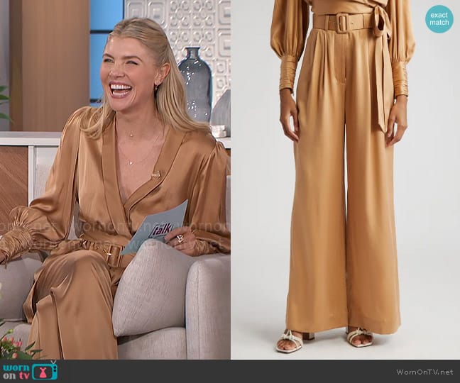 Zimmermann Belted Silk Wide Leg Pants in Sand worn by Amanda Kloots on The Talk