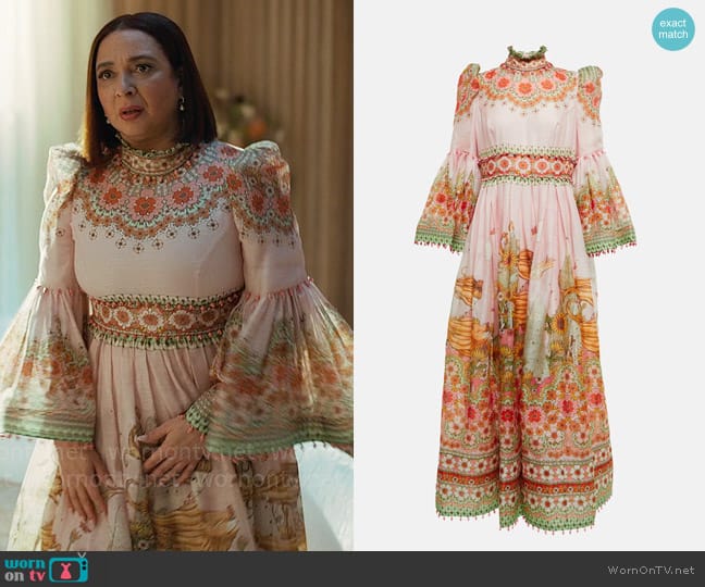 Zimmermann Kaleidoscope silk and linen gown worn by Molly Novak (Maya Rudolph) on Loot