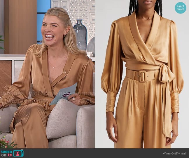 Zimmermann Long Sleeve Silk Wrap Top in Sand worn by Amanda Kloots on The Talk