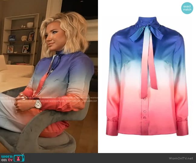 Zimmermann Postcard Ombré-Print Pussy-Bow Silk Shirt worn by Savannah Chrisley on Good Morning America