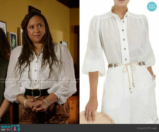 Zimmermann Lyre Embroidered-Trim Blouse worn by Karen Wilson (Tracie Thoms) on 9-1-1