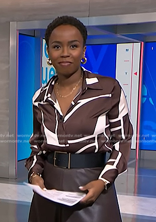 Zinhle Essamuah's brown geometric print blouse on NBC News Daily