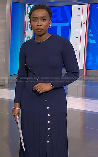 Zinhle's navy asymmetric button dress on NBC News Daily