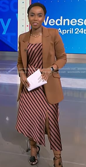 Zinhle's pink striped dress and brown blazer on NBC News Daily