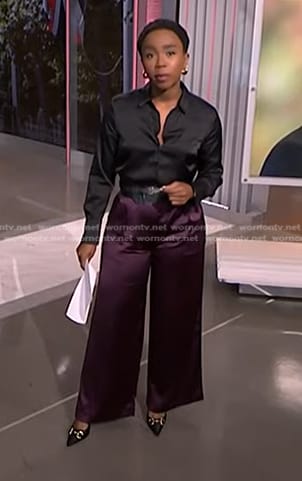 Zinhle’s purple satin pants on NBC News Daily