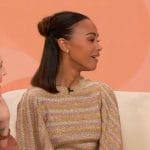 Zoe Saldana’s metallic stripe dress on The Drew Barrymore Show