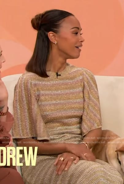 Zoe Saldana's metallic stripe dress on The Drew Barrymore Show