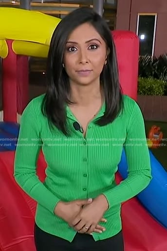 Zohreen Shah’s green ribbed cardigan top on Good Morning America