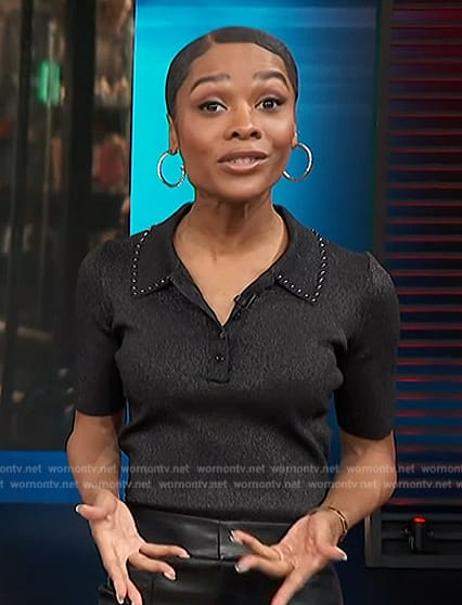 Zuri’s black studded collar polo on Access Hollywood